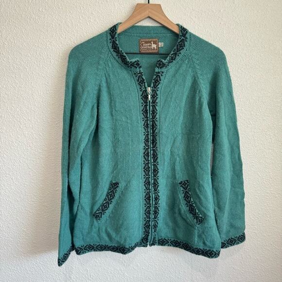 The Alpaca Connection Women's Medium Made in Peru Zip Jacket Green Aztec Cozy - Picture 1 of 7